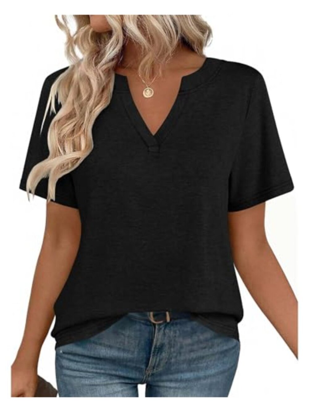 Womens Short Sleeve V Neck Top Polyester Rayon Blend Tee Business Work Blouse